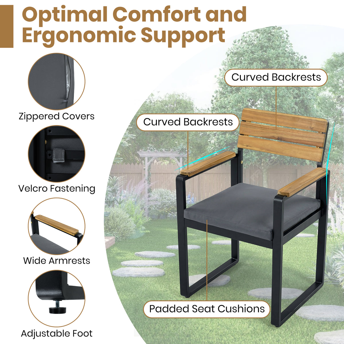 Sfeerco Outdoor Acacia Wood Dining Set 6-Piece Table 4 Cushioned Chairs and Bench with Gray Cushions Garden Patio