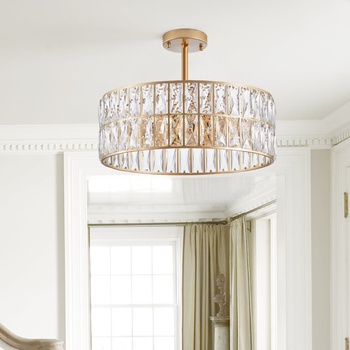 Sfeerco Modern Crystal Drum Chandelier 18 Inch 6-Light Gold Metal Frame Pendant Light Living Room Dining Room Bedroom