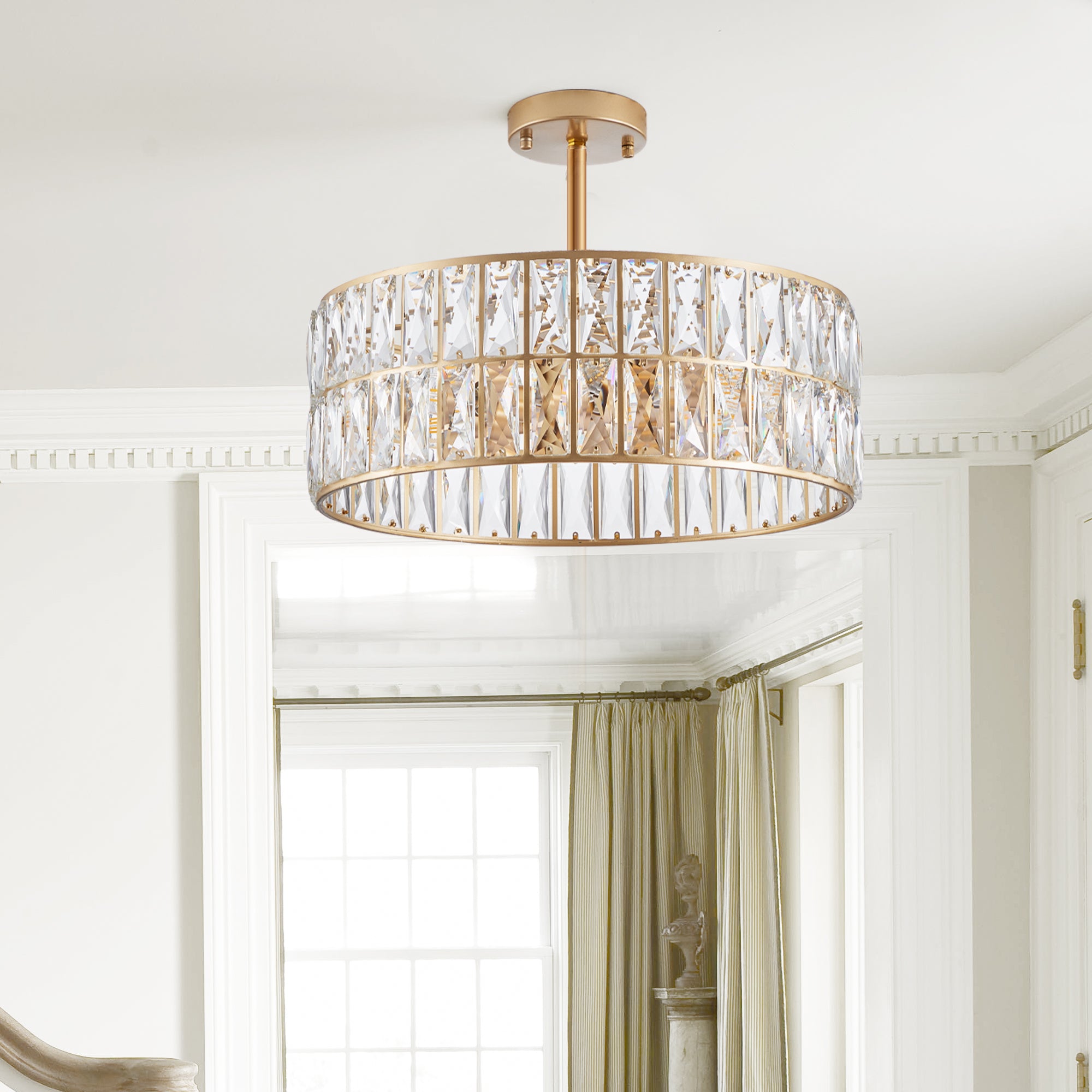 Sfeerco Modern Crystal Drum Chandelier 18 Inch 6-Light Gold Metal Frame Pendant Light Living Room Dining Room Bedroom