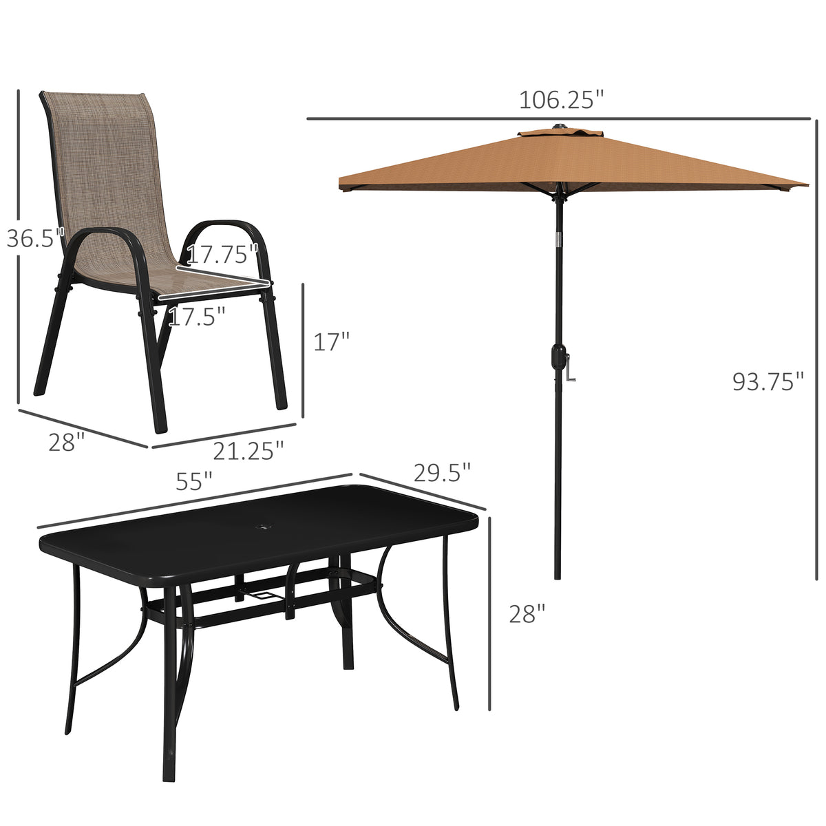 Sfeerco Outdoor Dining Set 8-Piece with 9Ft Umbrella Rattan Chairs & Table Light Mixed Brown — Porto