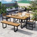 Sfeerco Outdoor Acacia Wood Dining Set 6-Piece Table 4 Cushioned Chairs and Bench with Gray Cushions Garden Patio