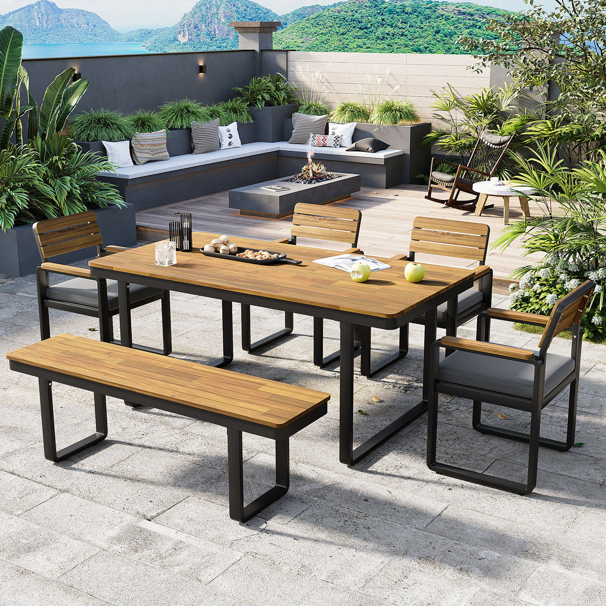 Sfeerco Outdoor Acacia Wood Dining Set 6-Piece Table 4 Cushioned Chairs and Bench with Gray Cushions Garden Patio