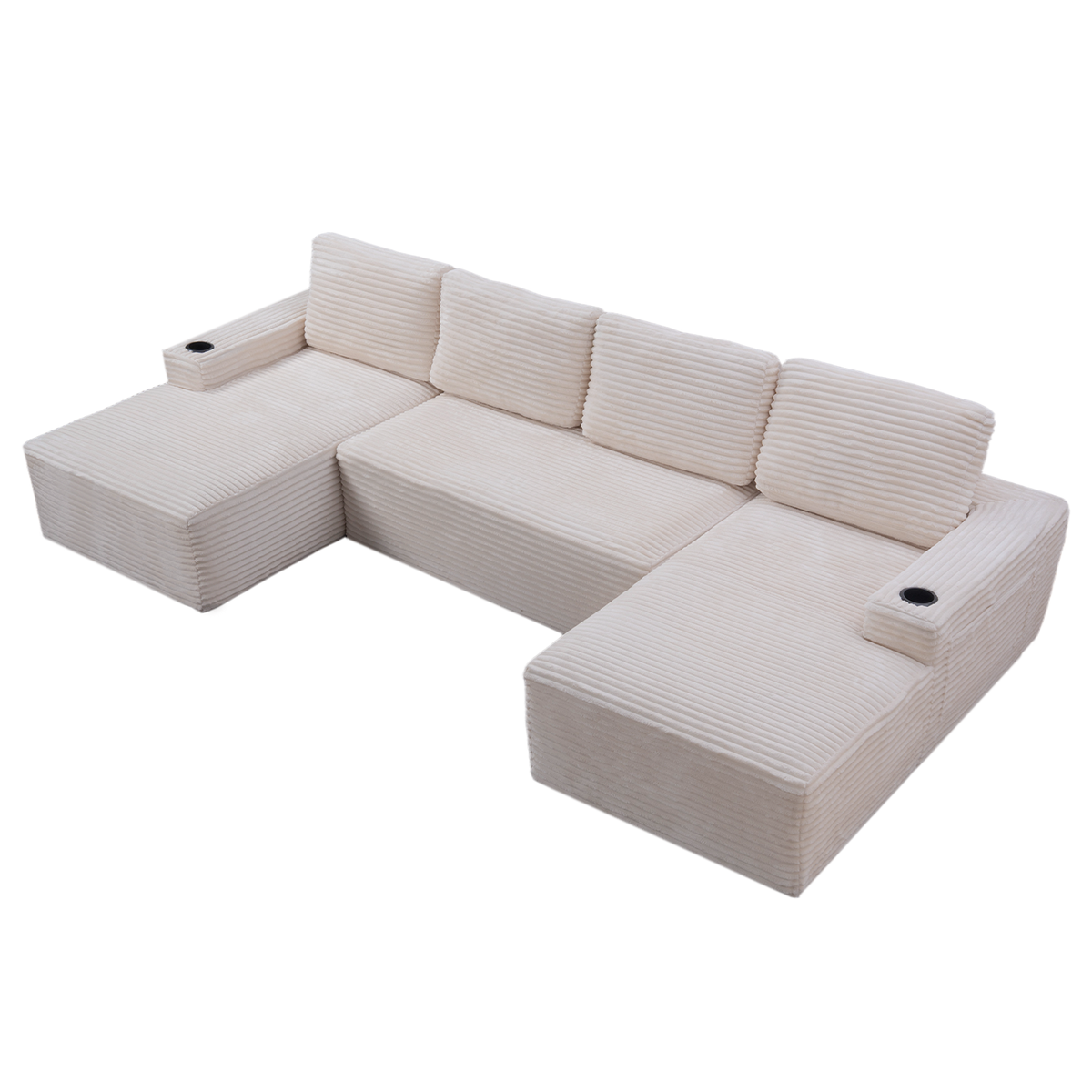 Sfeerco U-Shaped Sectional Sofa 6-Seat Modular Cloud Couch Corduroy Fabric with Cup Holders Storage Pockets Cream White Living Room