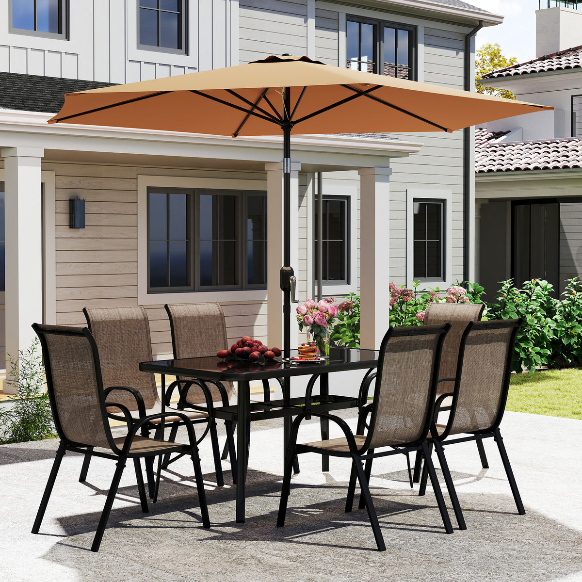 Sfeerco Outdoor Dining Set 8-Piece with 9Ft Umbrella Rattan Chairs & Table Light Mixed Brown — Porto