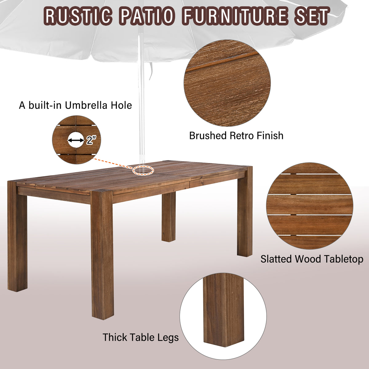 Sfeerco Outdoor Acacia Wood Patio Dining Set 7-Piece with Umbrella Hole 6 Chairs Removable Cushions Mocha Beige — Forza