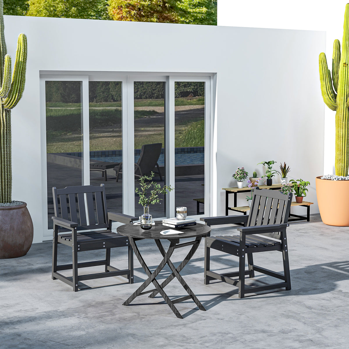 Sfeerco Outdoor HDPE Dining Chair Set of 2 Slatted Wood-Look Armchair Black — Duro