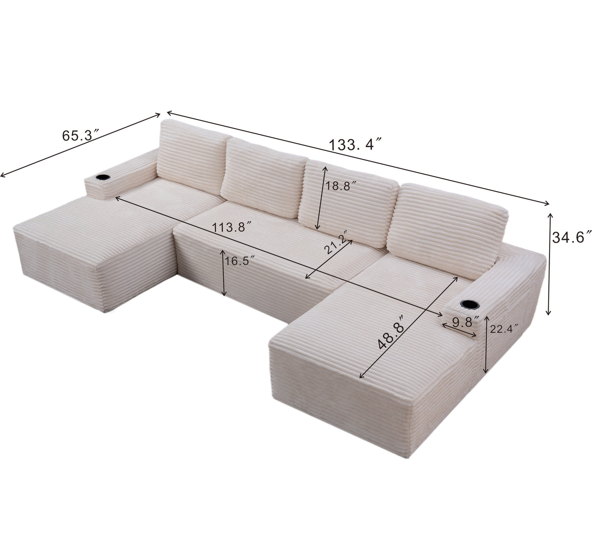 Sfeerco U-Shaped Sectional Sofa 6-Seat Modular Cloud Couch Corduroy Fabric with Cup Holders Storage Pockets Cream White Living Room