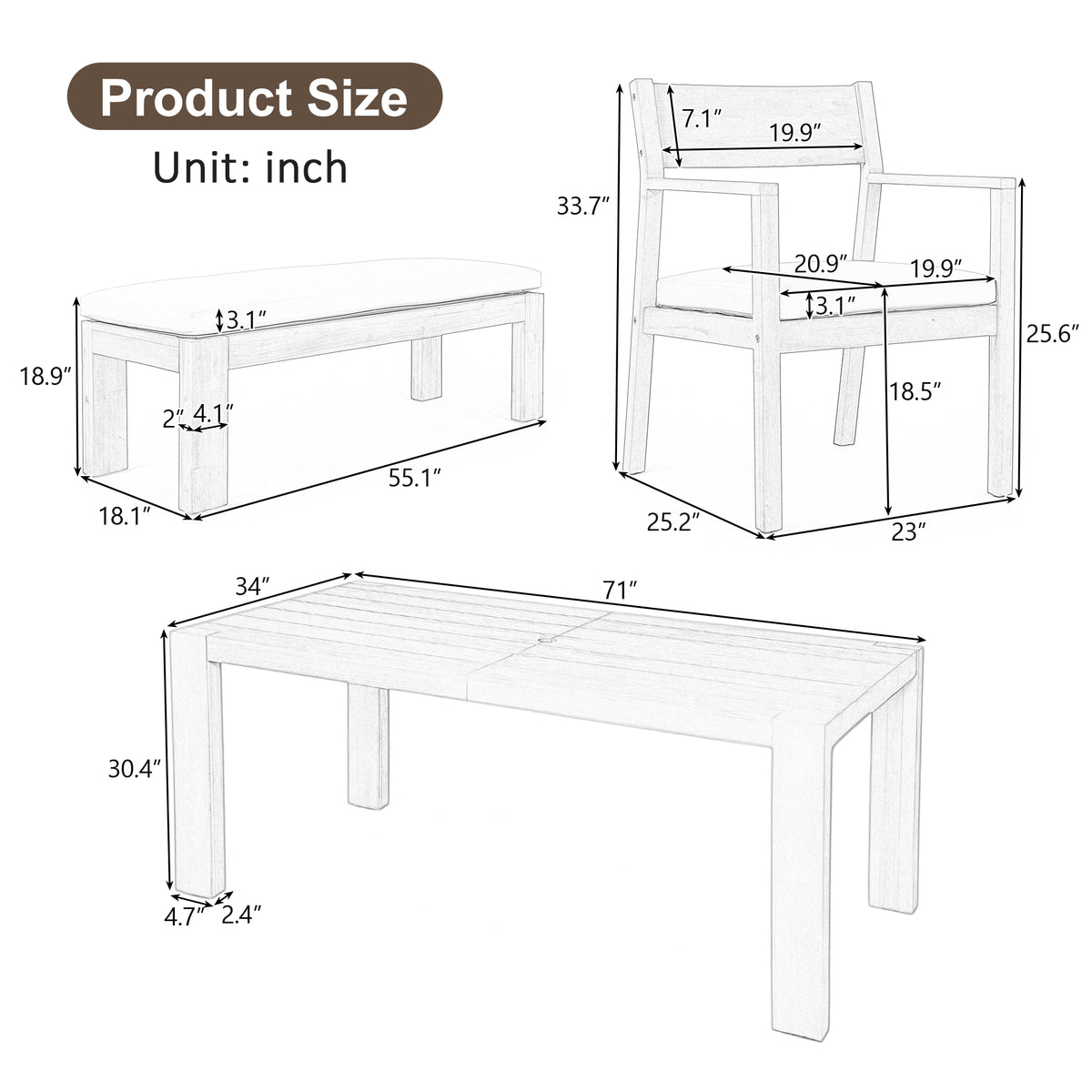 Sfeerco Outdoor Acacia Wood Patio Dining Set 7-Piece 71 Inch Rectangular Table 4 Chairs and Bench Umbrella Hole Mocha Beige Cushion