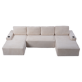 Sfeerco U-Shaped Sectional Sofa 6-Seat Modular Cloud Couch Corduroy Fabric with Cup Holders Storage Pockets Cream White Living Room