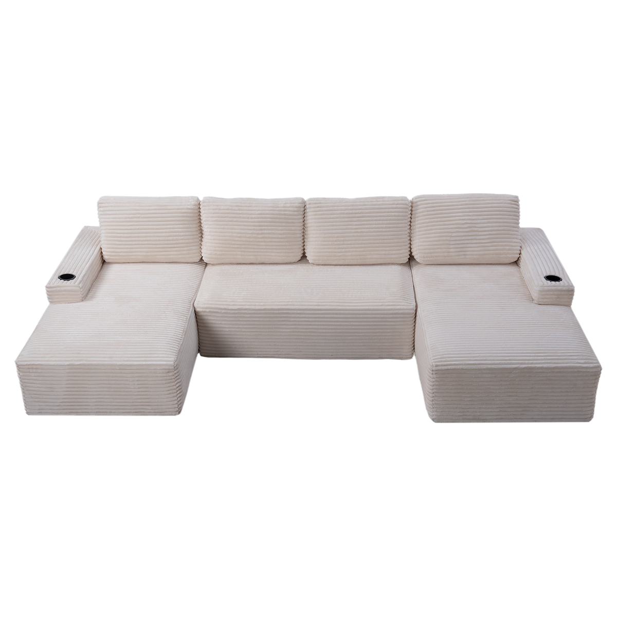 Sfeerco U-Shaped Sectional Sofa 6-Seat Modular Cloud Couch Corduroy Fabric with Cup Holders Storage Pockets Cream White Living Room