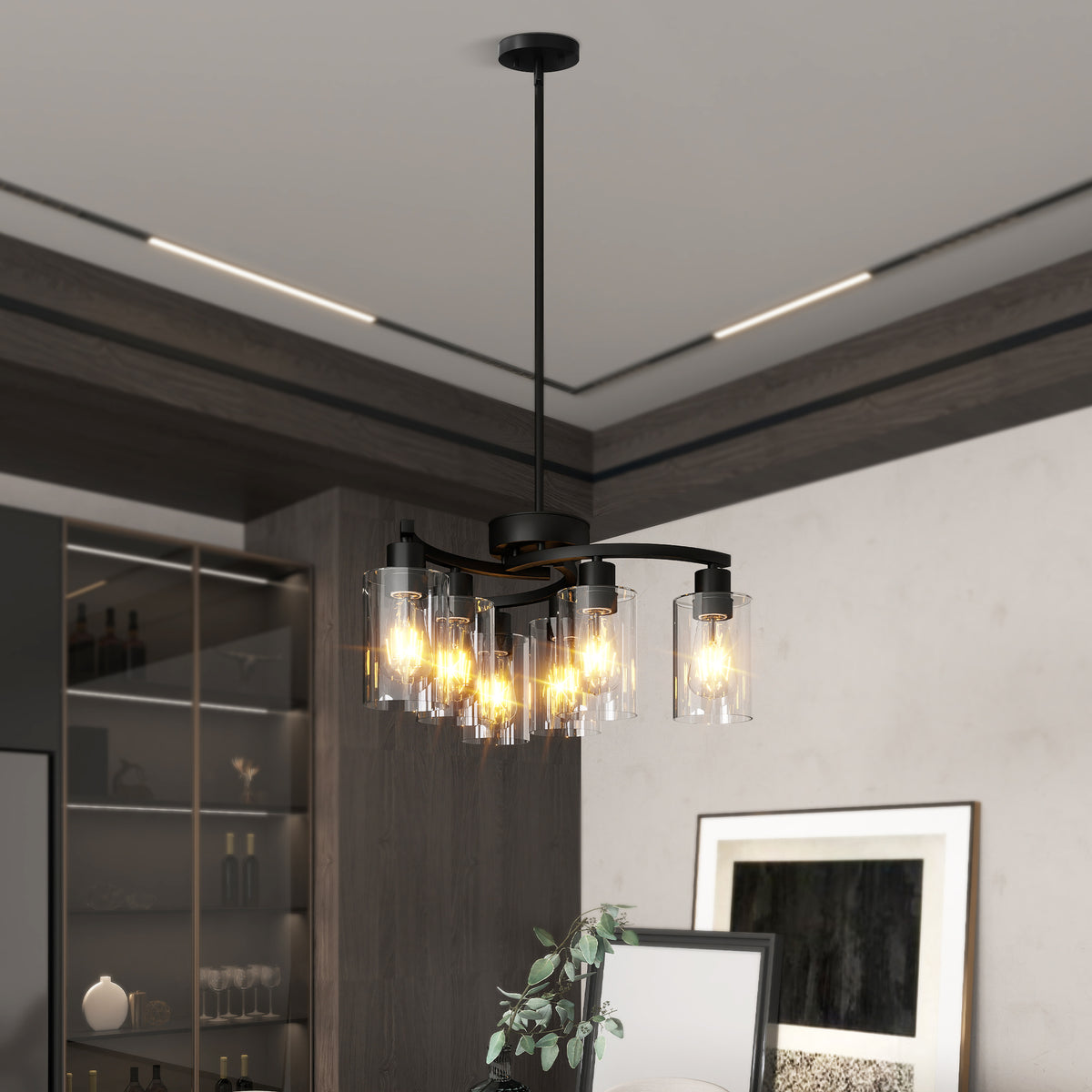 Sfeerco Modern Farmhouse Black Chandelier 6-Light Clear Glass Shade Adjustable Height Industrial Pendant Dining Room Kitchen Island
