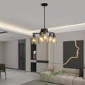 Sfeerco Modern Farmhouse Black Chandelier 6-Light Clear Glass Shade Adjustable Height Industrial Pendant Dining Room Kitchen Island