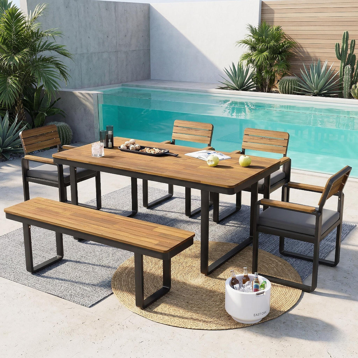 Sfeerco Outdoor Acacia Wood Dining Set 6-Piece Table 4 Cushioned Chairs and Bench with Gray Cushions Garden Patio