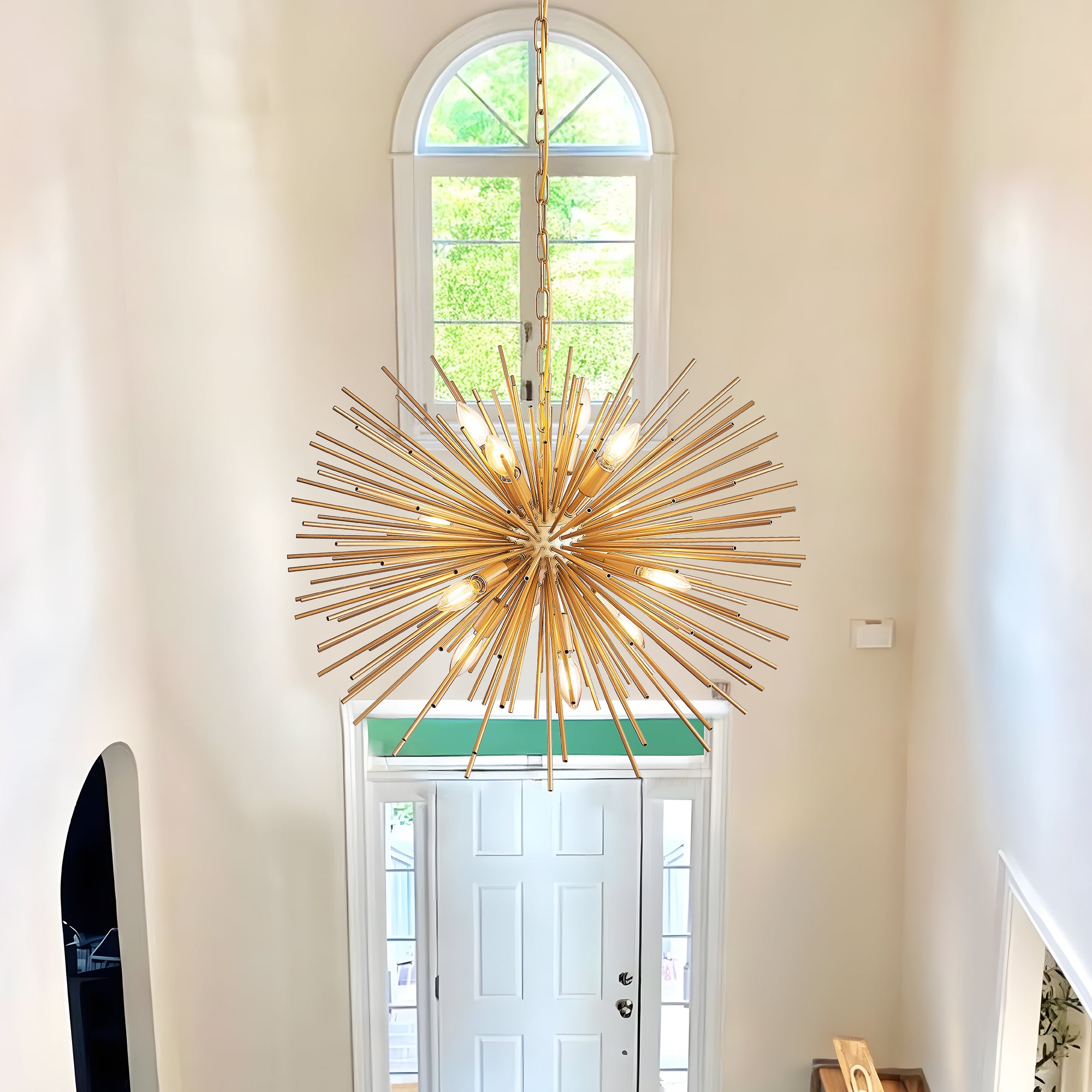 Sfeerco 29 Inch Mid-Century Modern Starburst Chandelier, 12-Light Gold Sputnik Pendant Light Fixture for Living Room, Dining Room and Foyer