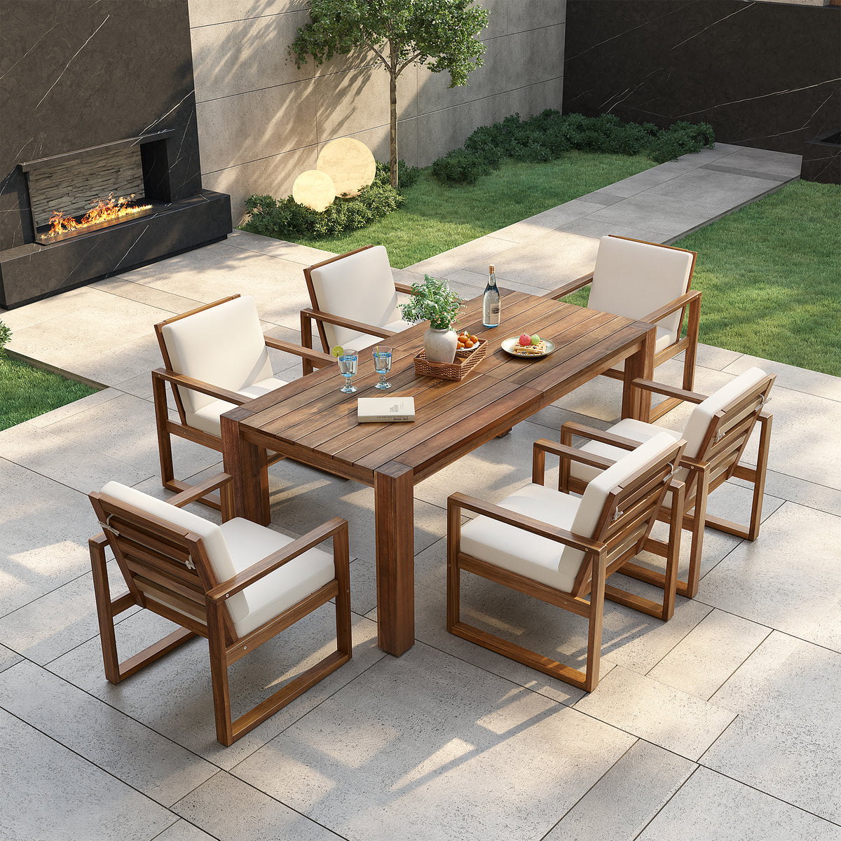 Sfeerco Outdoor Acacia Wood Patio Dining Set 7-Piece with Umbrella Hole 6 Chairs Removable Cushions Mocha Beige — Forza