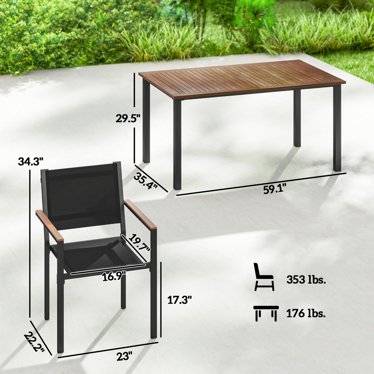 Sfeerco Outdoor Acacia Wood Patio Dining Set 4-Piece Rectangle Table 59 Inch Stackable Chairs — Vega