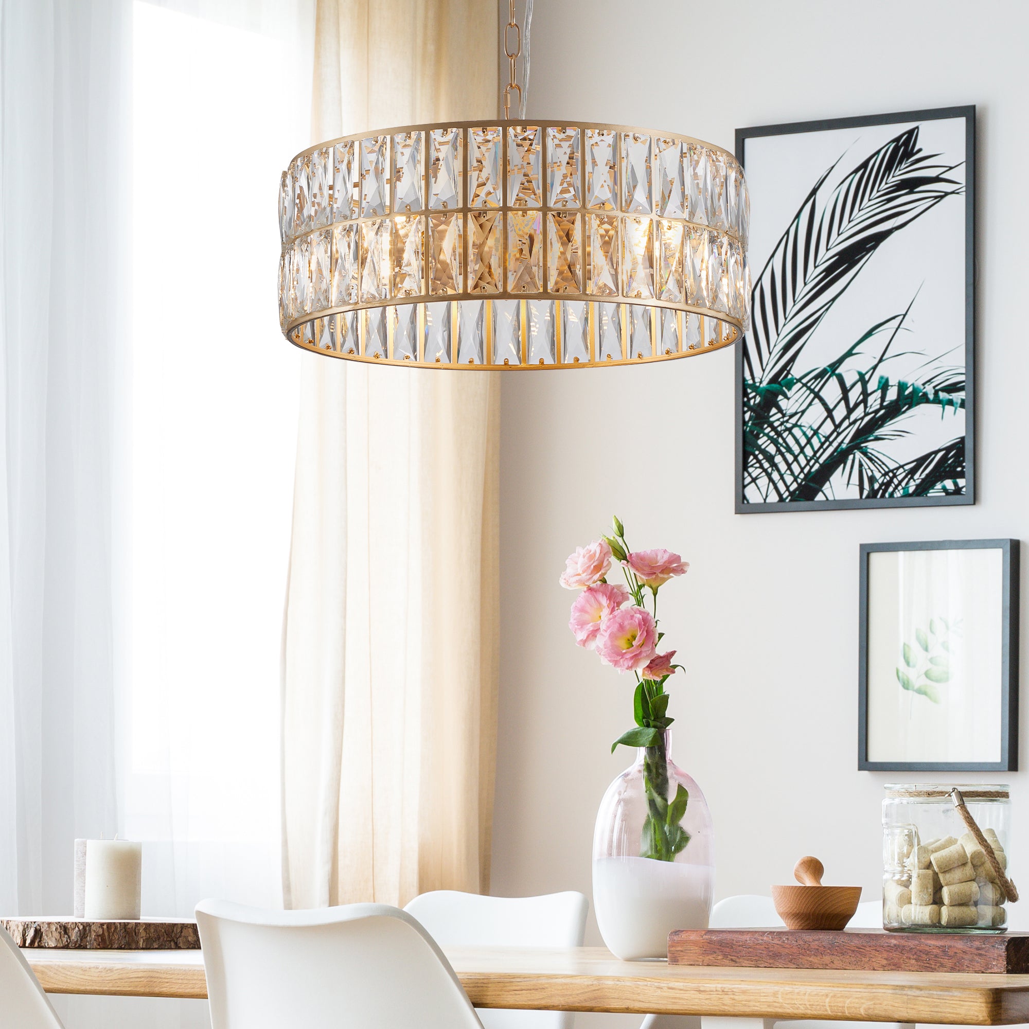 Sfeerco Modern Crystal Drum Chandelier 18 Inch 6-Light Gold Metal Frame Pendant Light Living Room Dining Room Bedroom