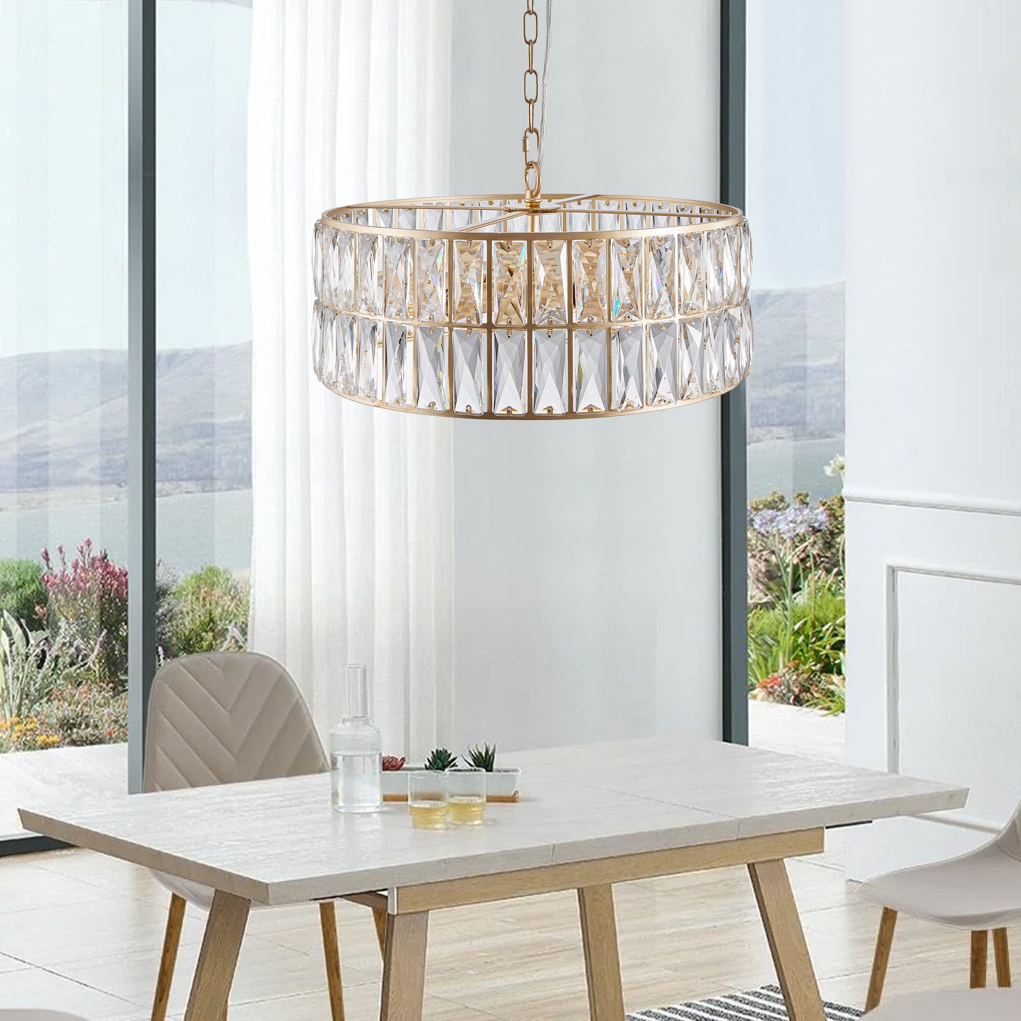 Sfeerco Modern Crystal Drum Chandelier 18 Inch 6-Light Gold Metal Frame Pendant Light Living Room Dining Room Bedroom