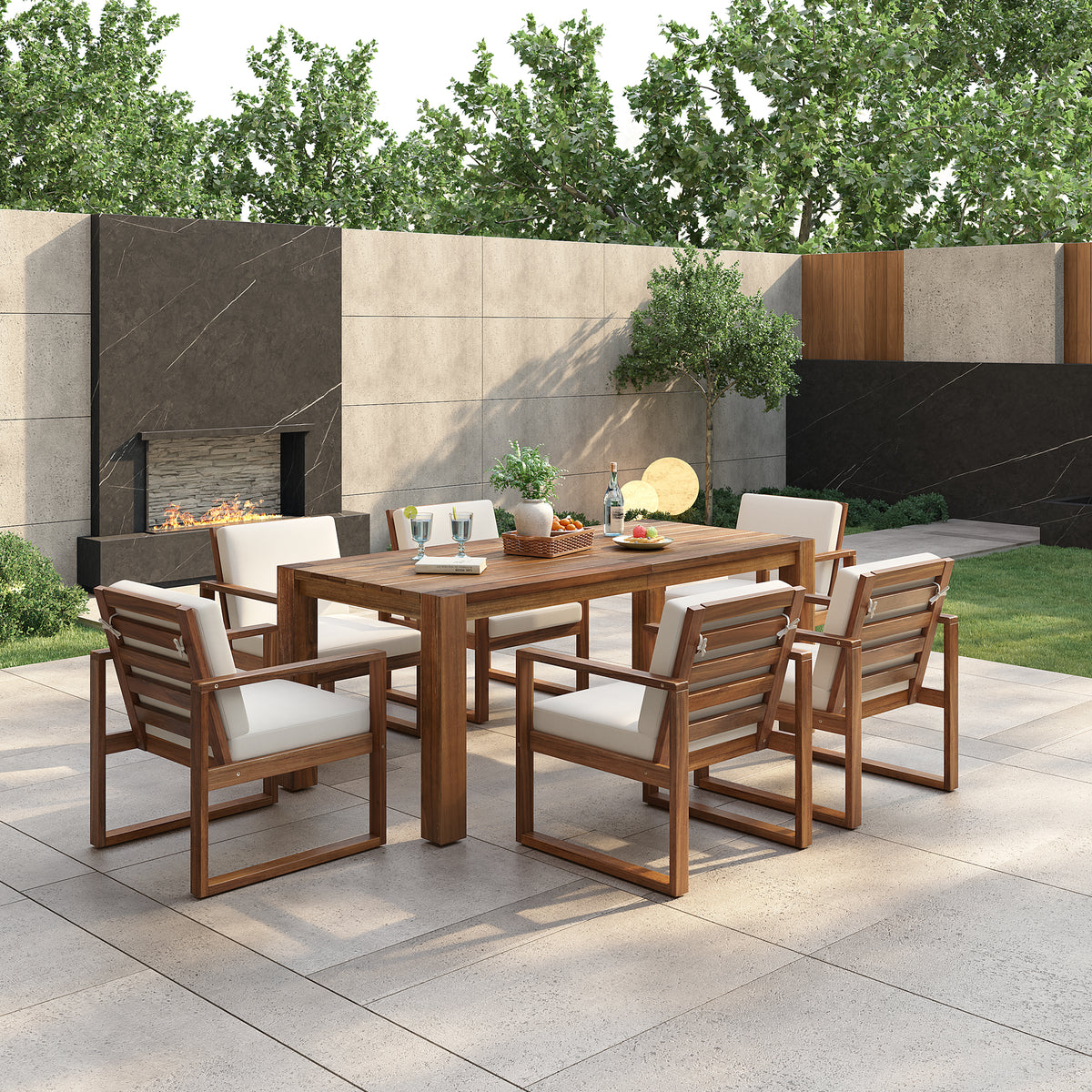 Sfeerco Outdoor Acacia Wood Patio Dining Set 7-Piece with Umbrella Hole 6 Chairs Removable Cushions Mocha Beige — Forza
