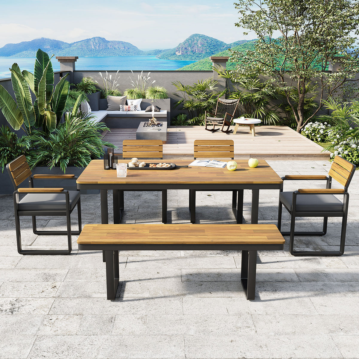 Sfeerco Outdoor Acacia Wood Dining Set 6-Piece Table 4 Cushioned Chairs and Bench with Gray Cushions Garden Patio