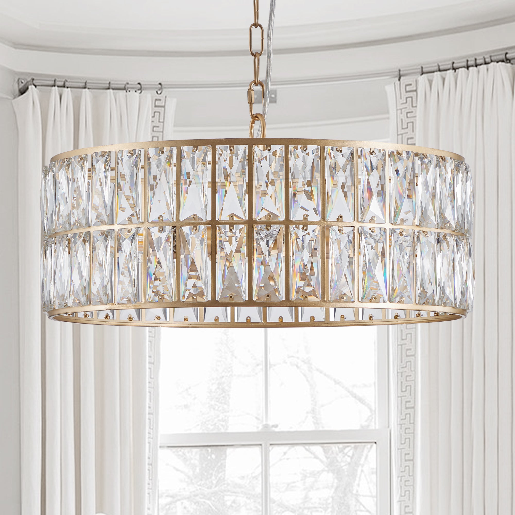 Sfeerco Modern Crystal Drum Chandelier 18 Inch 6-Light Gold Metal Frame Pendant Light Living Room Dining Room Bedroom