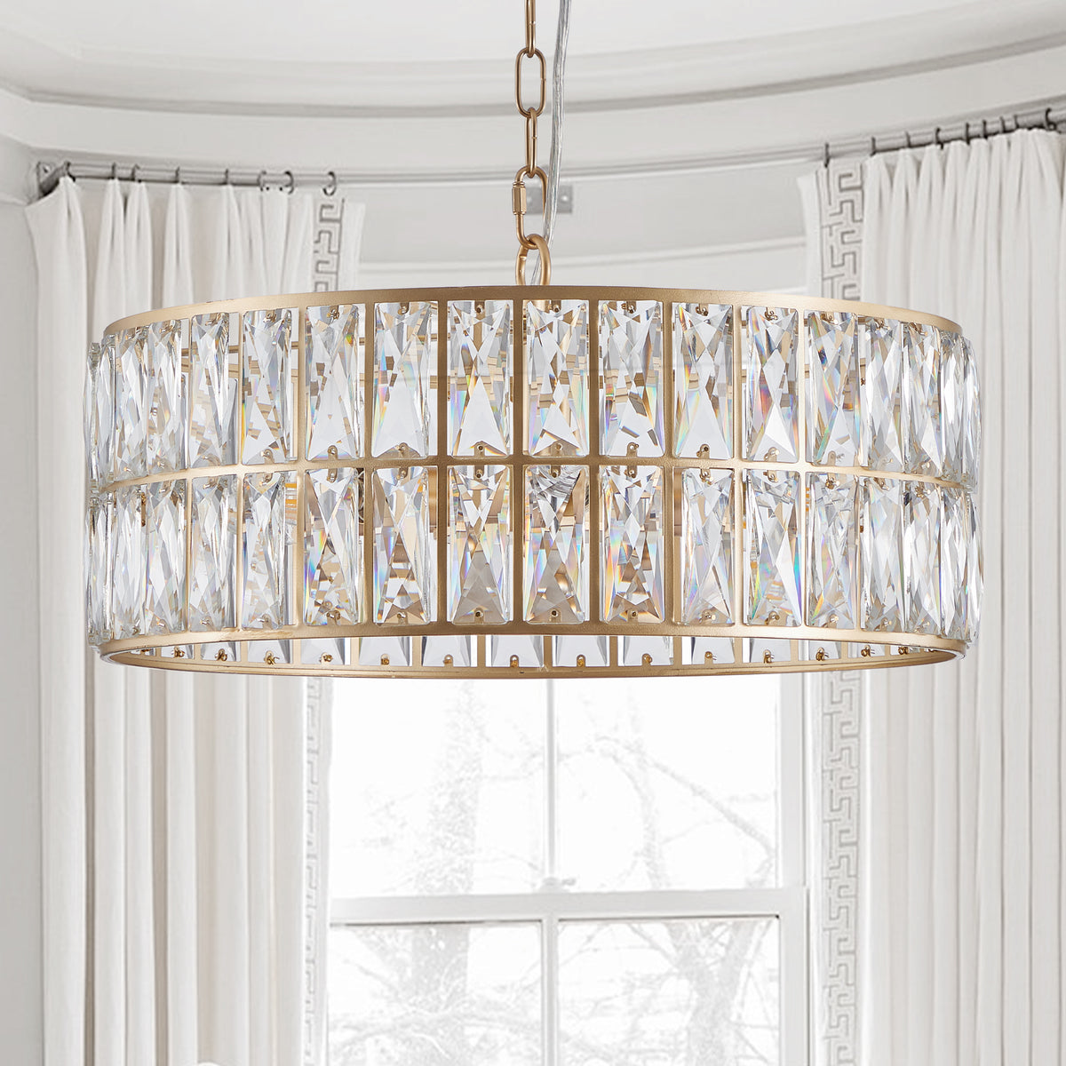 Sfeerco Modern Crystal Drum Chandelier 18 Inch 6-Light Gold Metal Frame Pendant Light Living Room Dining Room Bedroom