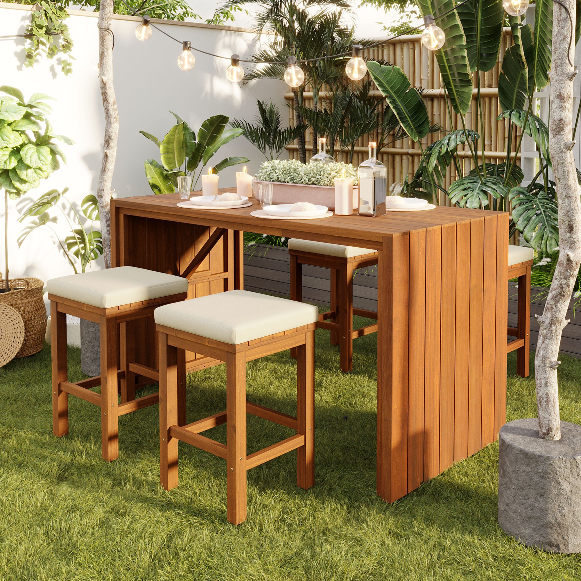 Sfeerco Outdoor Acacia Wood Bar Set 5-Piece Bar Height Table and 4 Cushioned Stools Beige Natural Wood Patio