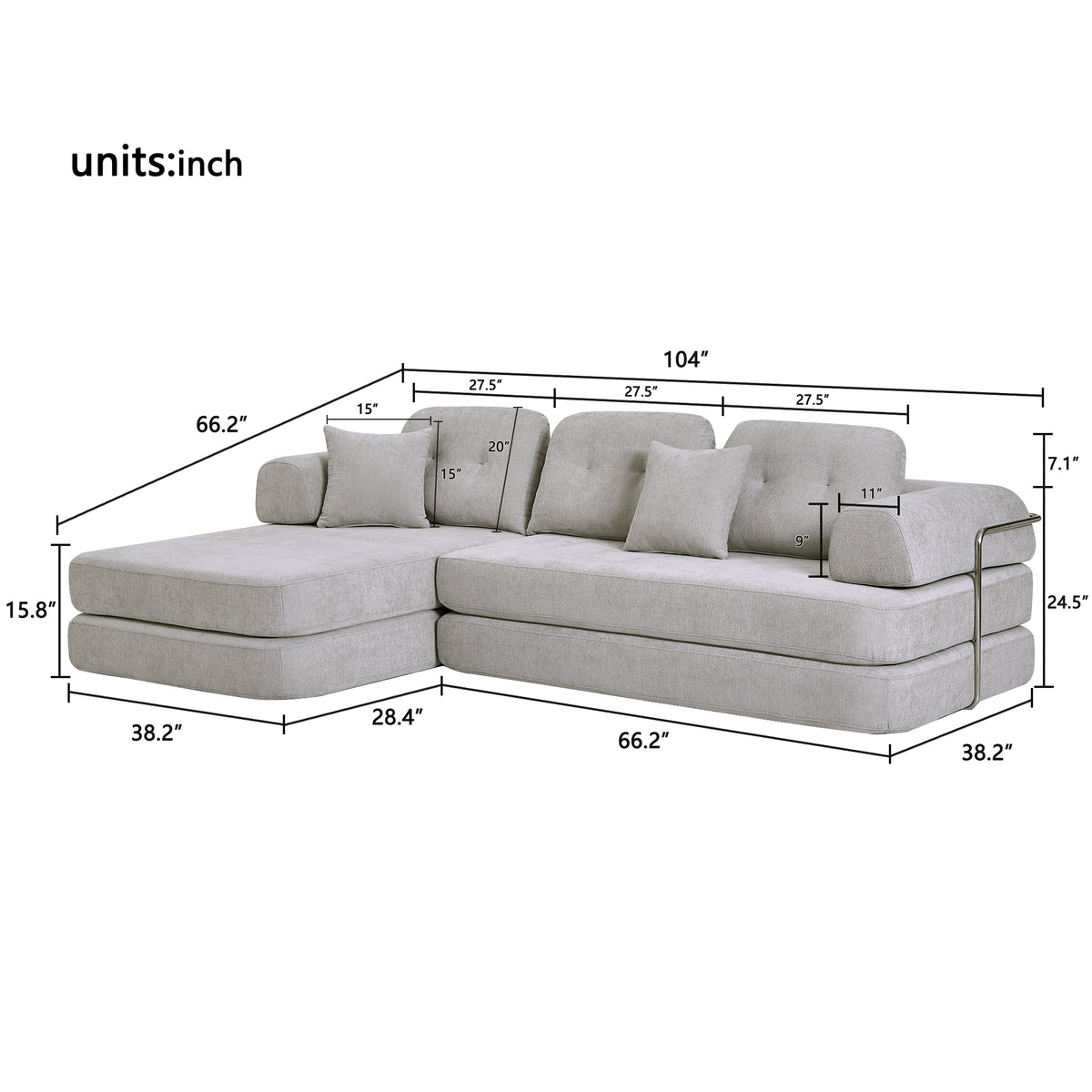 Sfeerco Modular Sectional Sofa with Chaise 3-Seat Boneless Chenille Memory Foam Deep Seat No Assembly Required Light Grey Living Room