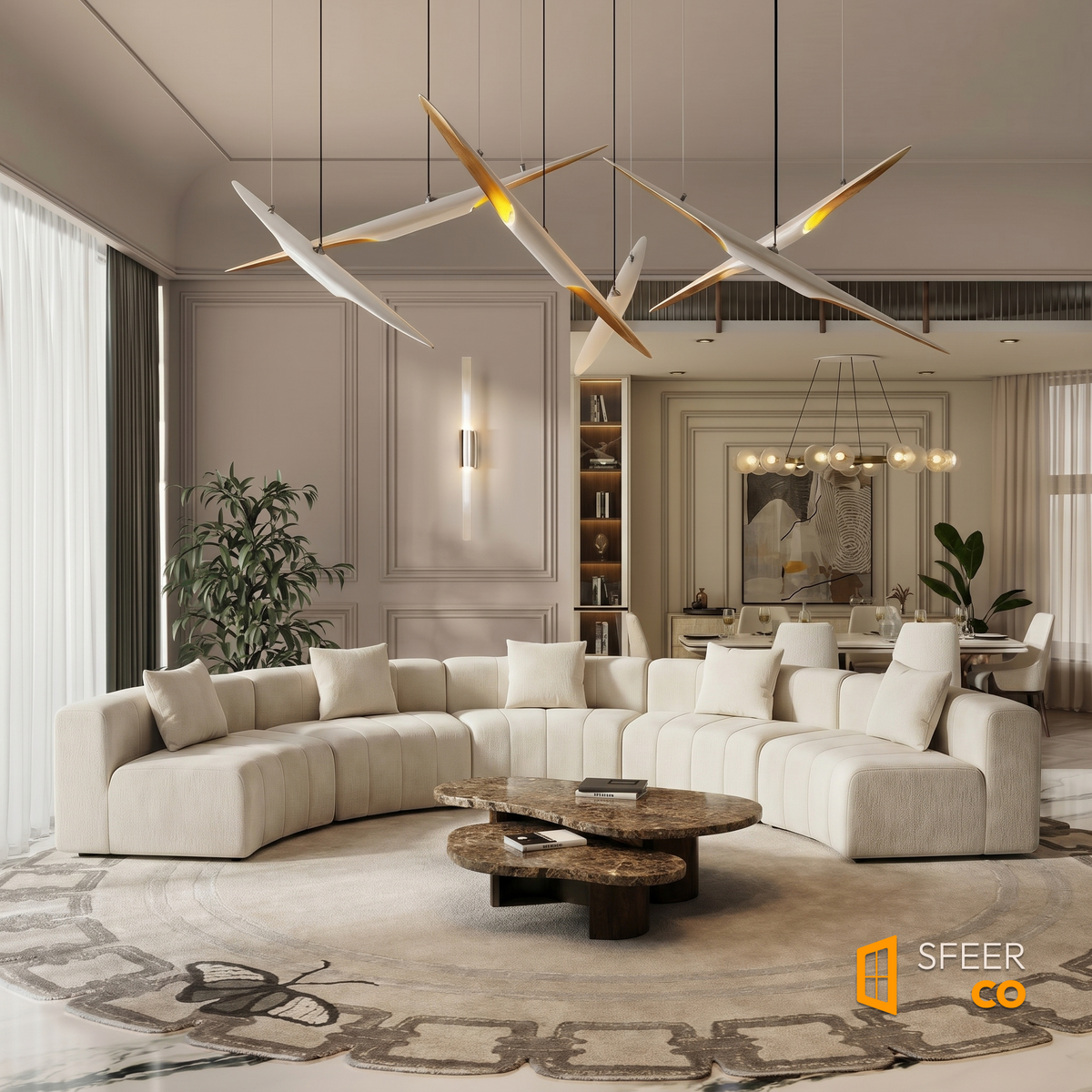 Sfeerco Semi-Circular Modular Sectional Sofa Chenille 6-Seater with Pillows Beige – Cervo