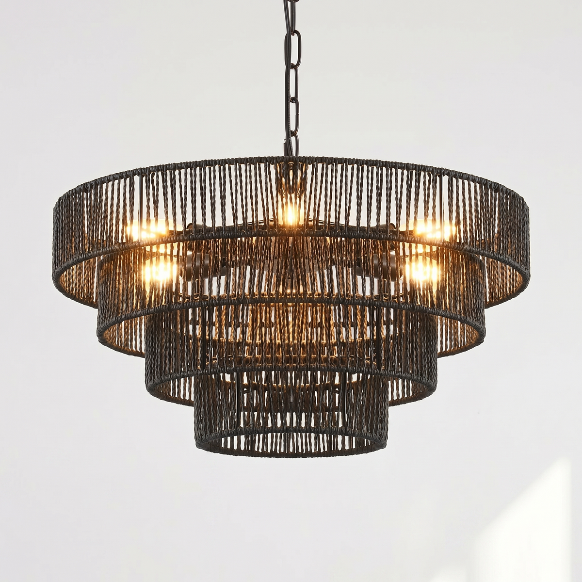 Sfeerco Rustic 4-Tier Hemp Rope Chandelier 20" 6-Light E12 Black – Strata