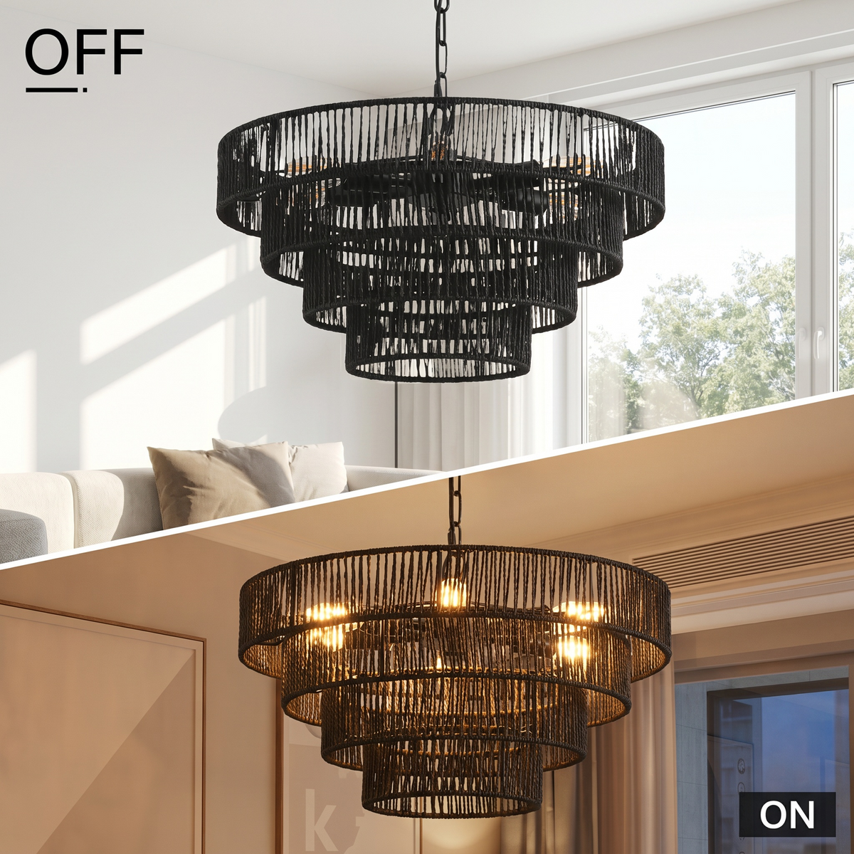 Sfeerco Rustic 4-Tier Hemp Rope Chandelier 20" 6-Light E12 Black – Strata