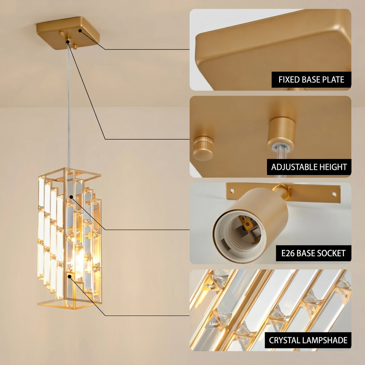Sfeerco Crystal Prism Pendant Light 4" Set of 3 Adjustable Golden – Lumé