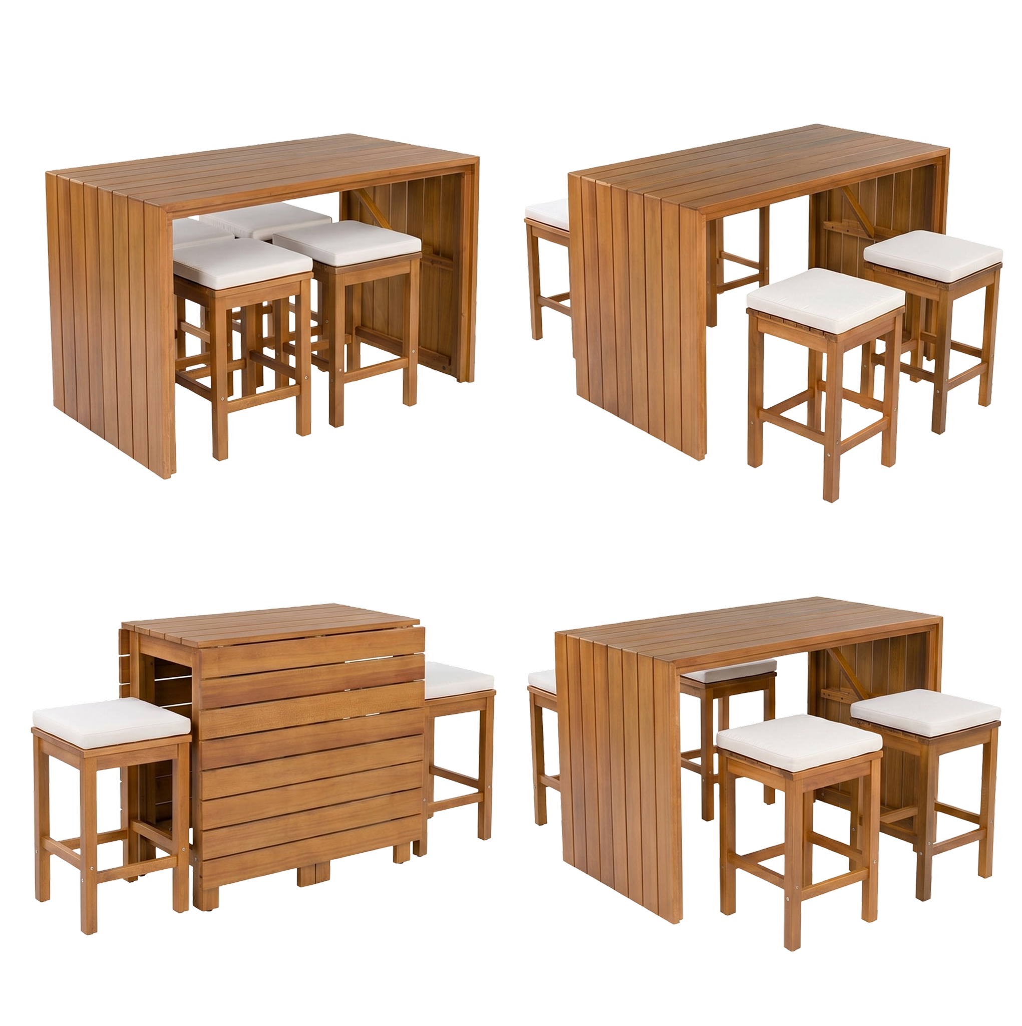 Sfeerco Outdoor Acacia Wood Bar Set 5-Piece Bar Height Table and 4 Cushioned Stools Beige Natural Wood Patio