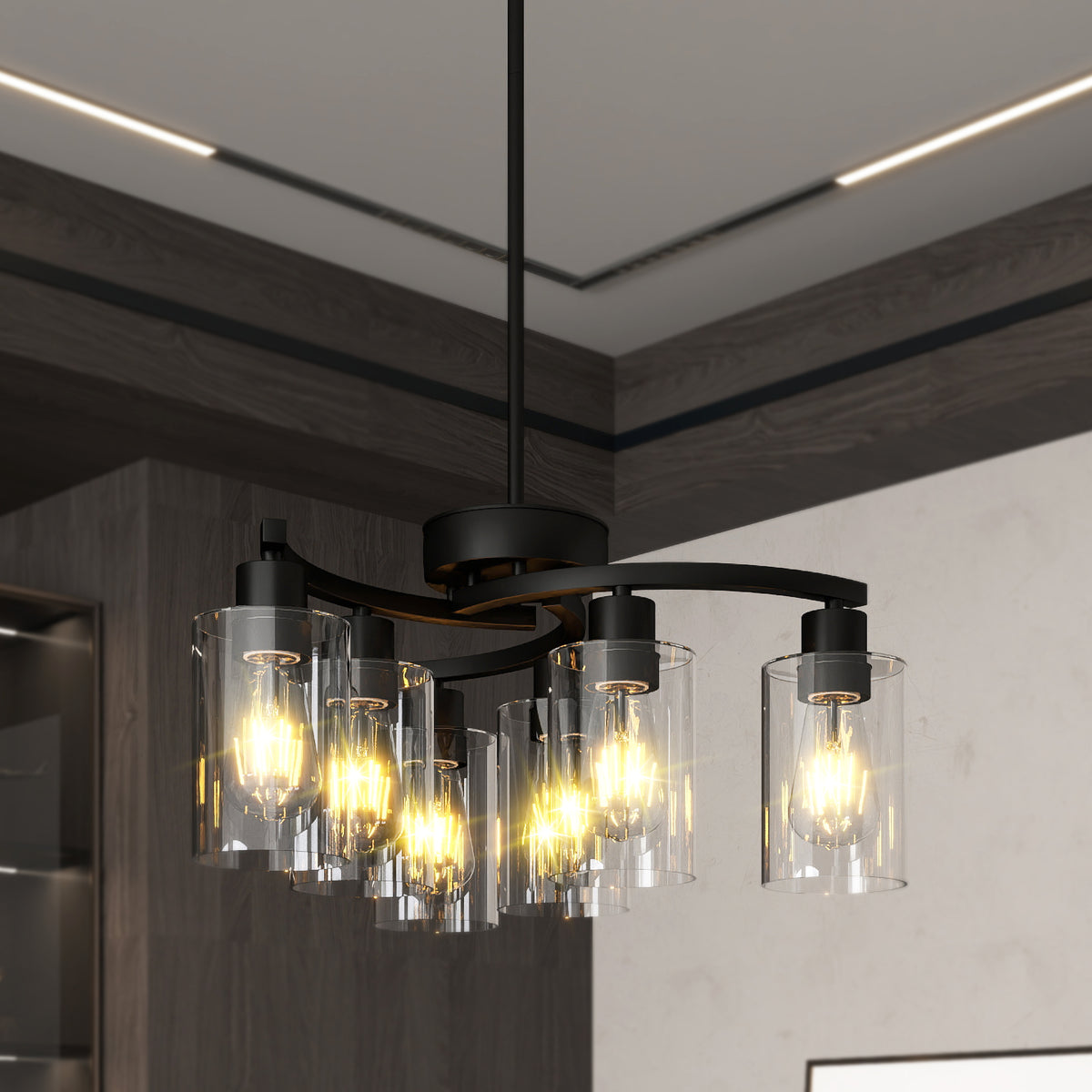Sfeerco Modern Farmhouse Black Chandelier 6-Light Clear Glass Shade Adjustable Height Industrial Pendant Dining Room Kitchen Island