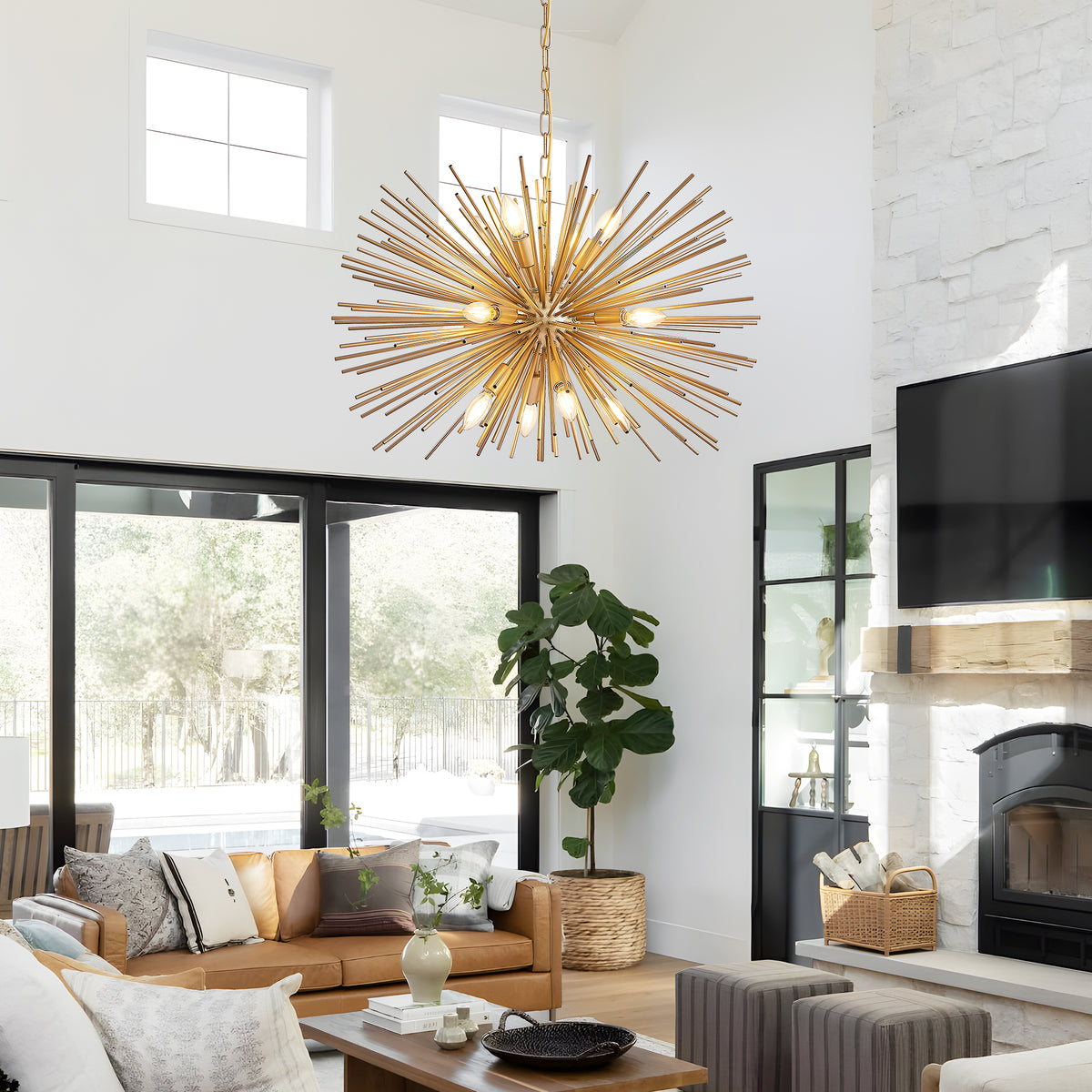 Sfeerco 29 Inch Mid-Century Modern Starburst Chandelier, 12-Light Gold Sputnik Pendant Light Fixture for Living Room, Dining Room and Foyer