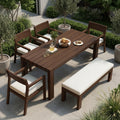 Sfeerco Outdoor Acacia Wood Patio Dining Set 7-Piece 71 Inch Rectangular Table 4 Chairs and Bench Umbrella Hole Mocha Beige Cushion