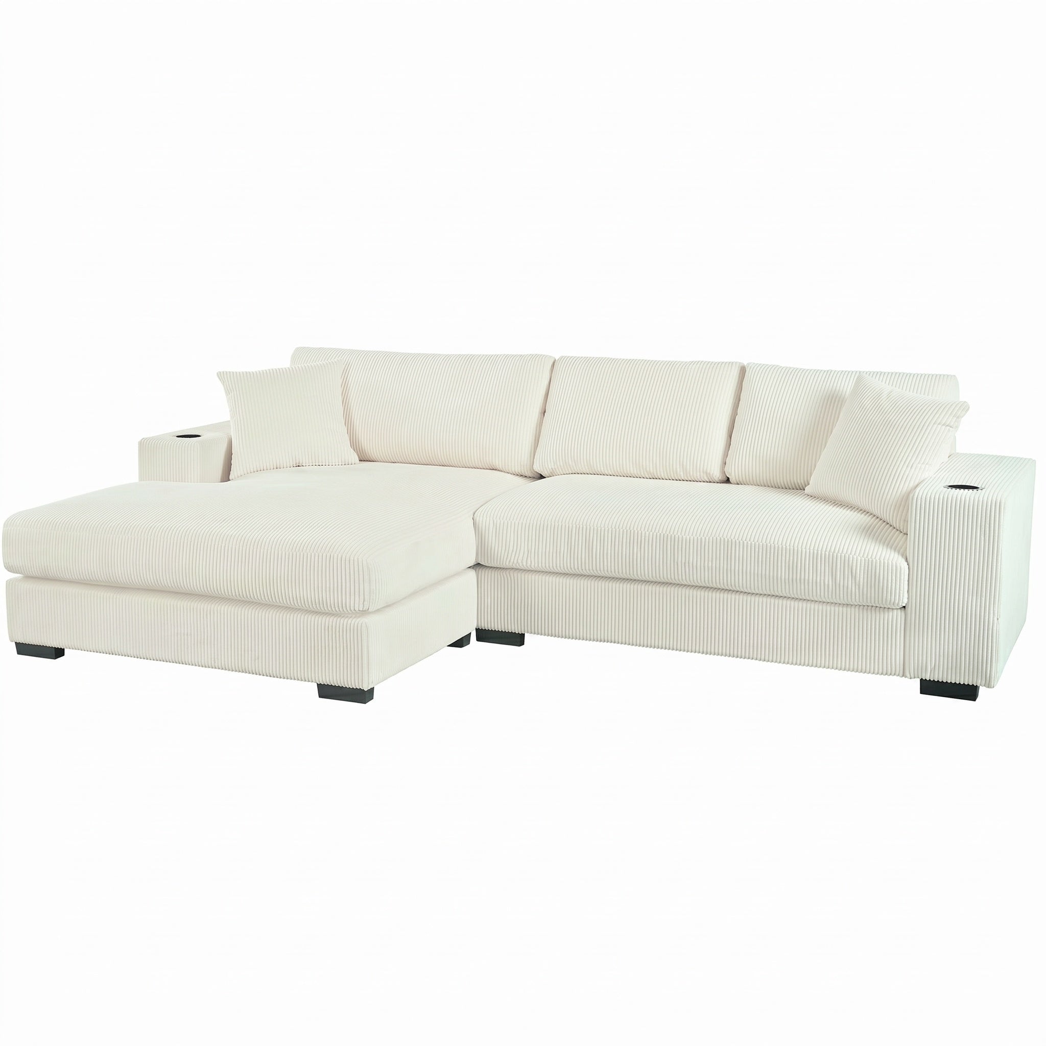 Sfeerco Large Sectional Sofa 3-Seat Corduroy with Built-in Cup Holders Charging Ports USB Type-C Thick Cushions Beige Living Room
