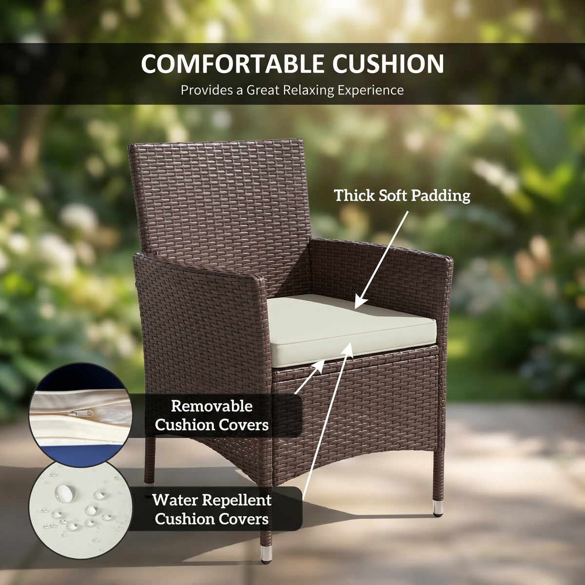 Sfeerco Outdoor Rattan Wicker Dining Chair Set of 2 with Cream Cushion Stackable Dark Coffee Patio