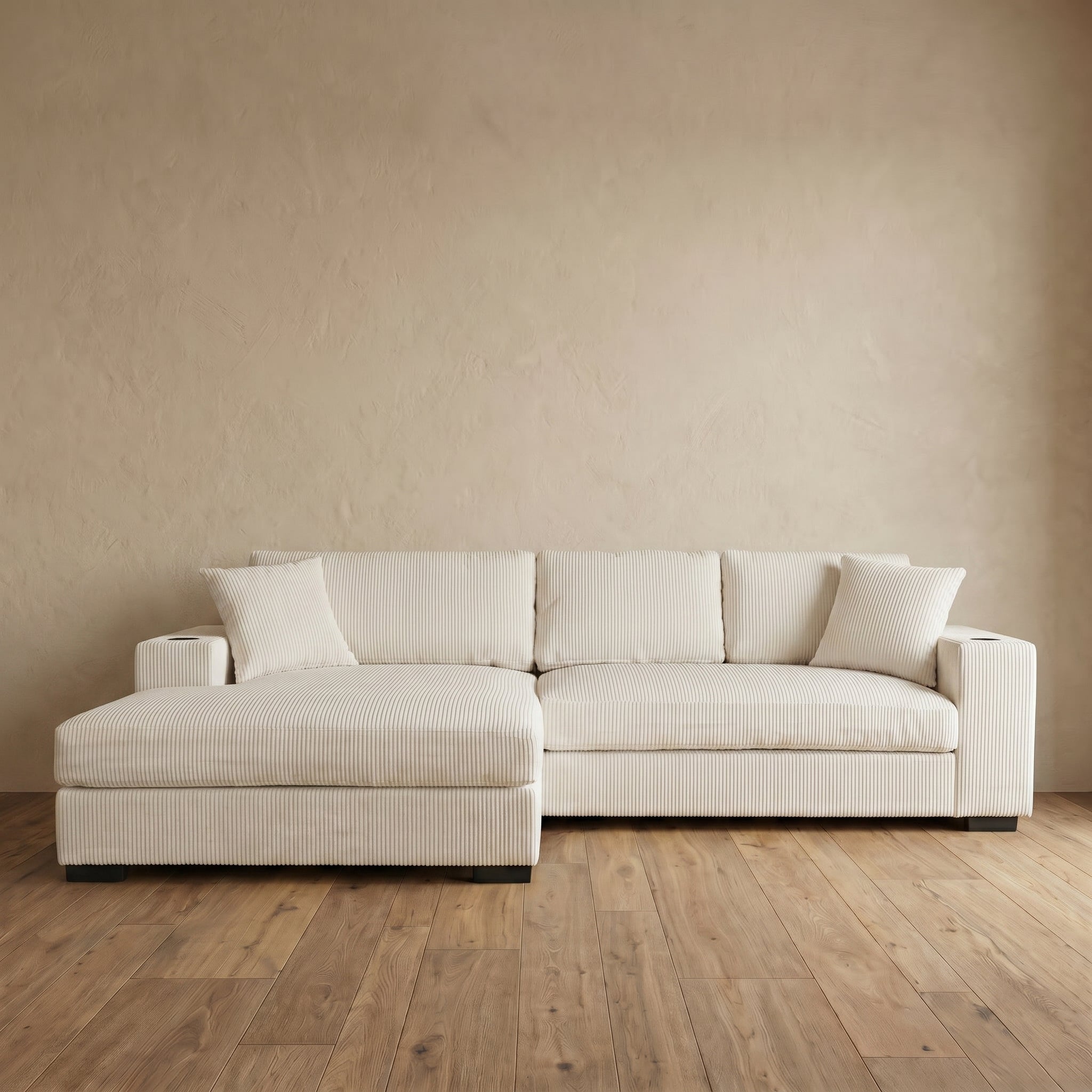 Sfeerco Large Sectional Sofa 3-Seat Corduroy with Built-in Cup Holders Charging Ports USB Type-C Thick Cushions Beige Living Room