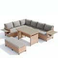 Sfeerco Outdoor PE Rattan Sectional Sofa Set 5-Piece L-Shaped with Extendable Side Tables Washable Cushions Brown