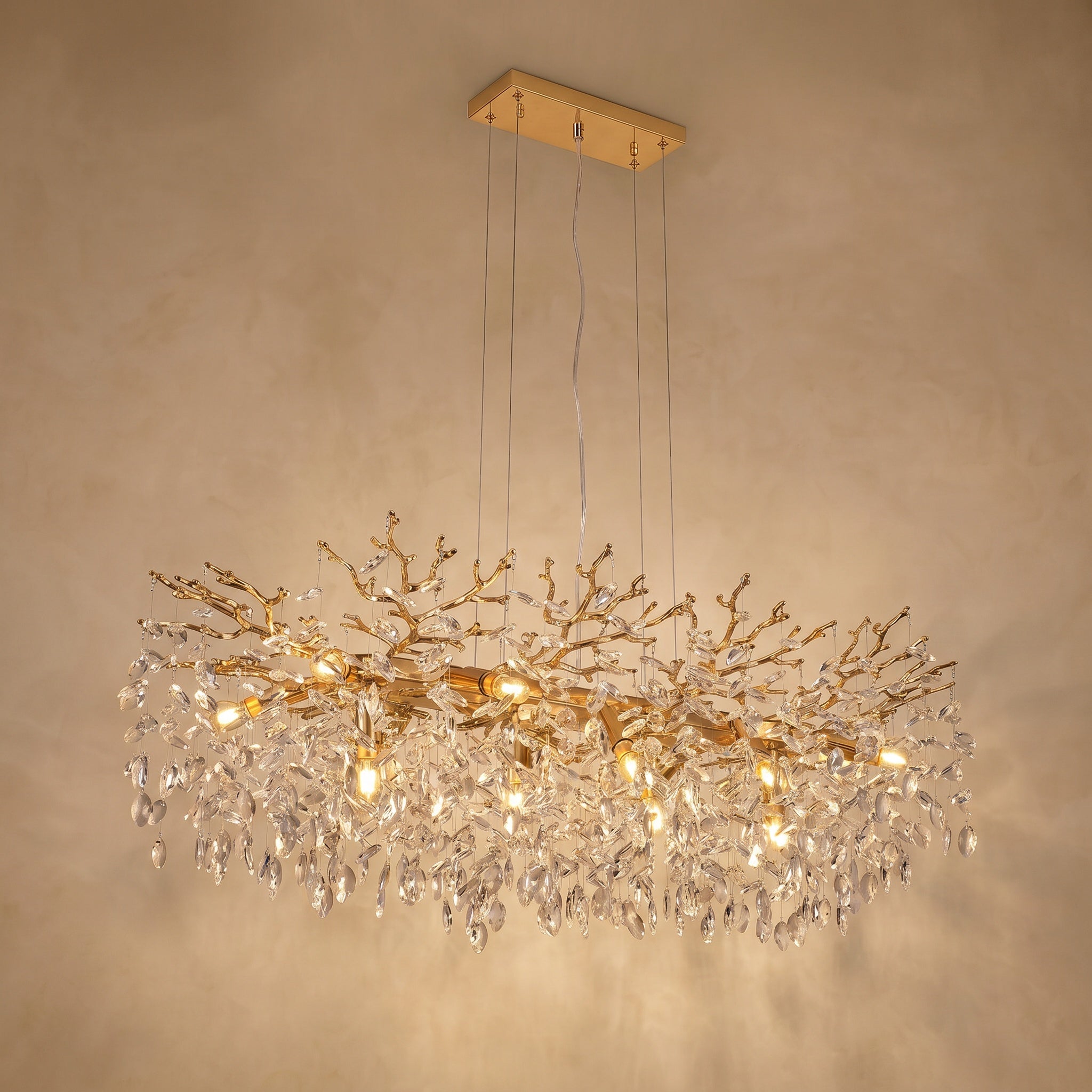 Sfeerco Modern Gold Crystal Tree Branch Chandelier 49.2 Inch 14-Light Rectangular Raindrop Pendant Dining Room Kitchen Island Living Room