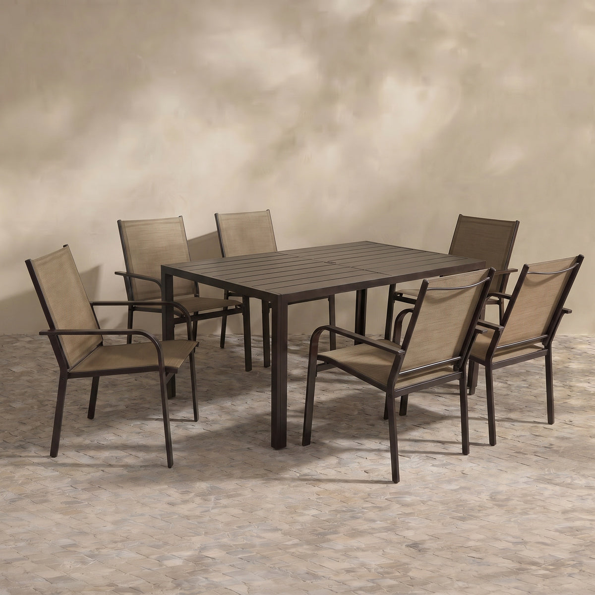 Sfeerco Outdoor Patio Dining Set 7-Piece Rectangular Table & 6 Stackable Textilene Chairs Garden Conversation Set Brown – Porto