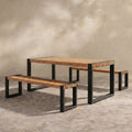 Sfeerco Outdoor Acacia Wood Dining Set 3-Piece Rectangle Table and 2 Benches Steel Frame Natural — Banco