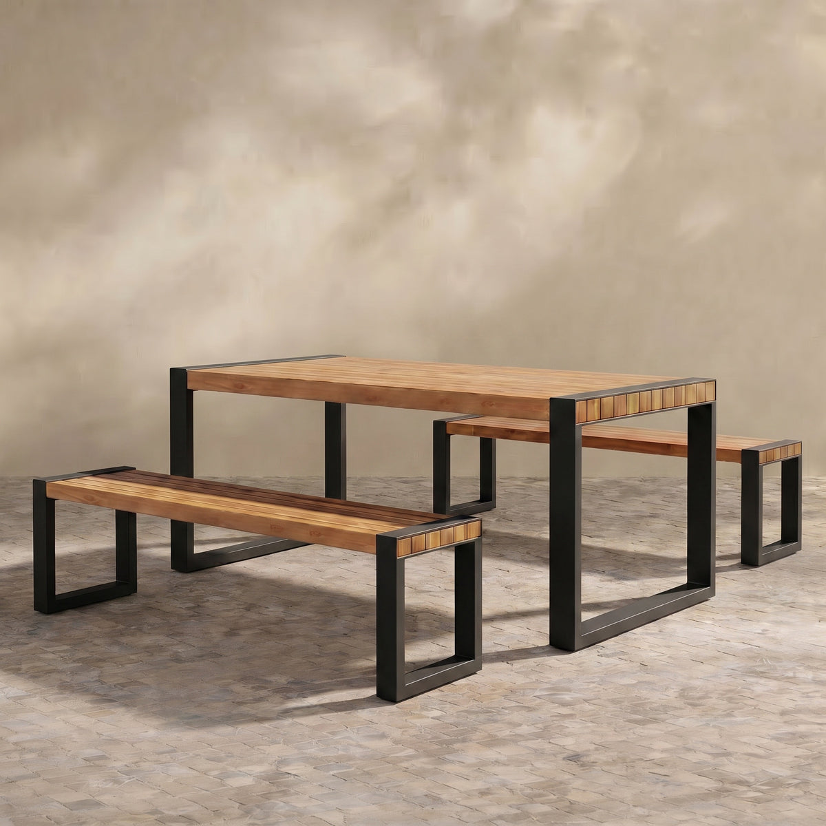Sfeerco Outdoor Acacia Wood Dining Set 3-Piece Rectangle Table and 2 Benches Steel Frame Natural — Banco