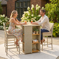 Sfeerco 5 Piece Outdoor Bar Set, PE Wicker Acacia Wood High Top Table and 4 Bar Stools with Cushions and Storage Shelves, Brown