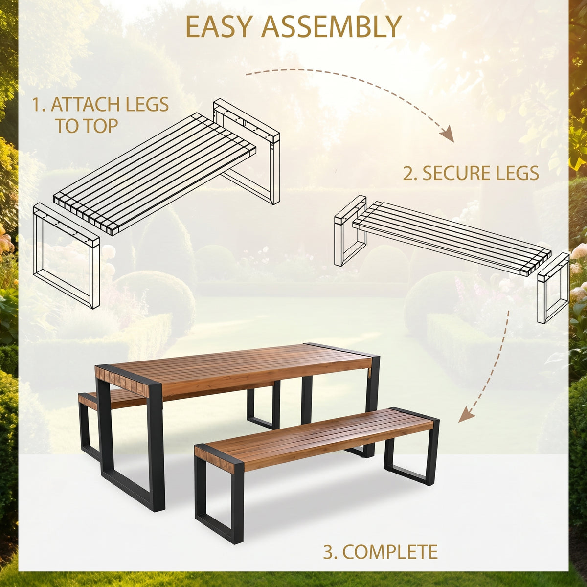Sfeerco Outdoor Acacia Wood Dining Set 3-Piece Rectangle Table and 2 Benches Steel Frame Natural — Banco