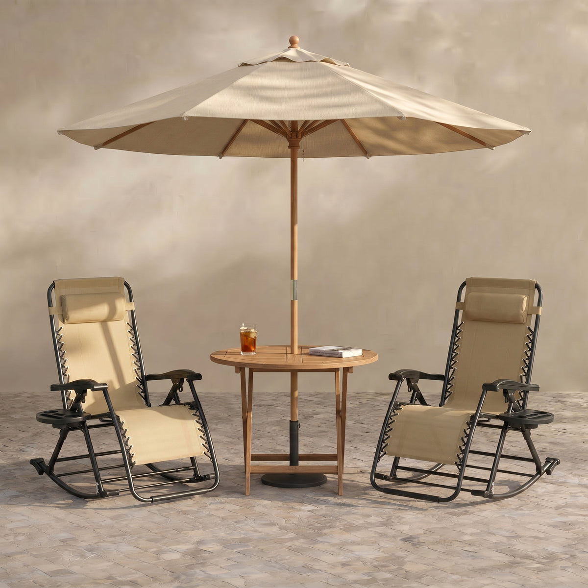 Sfeerco Outdoor Zero Gravity Rocking Chairs Set of 2, Foldable Reclining Lounge Chairs with Pillow, Cup Holder and Phone Holder, Beige