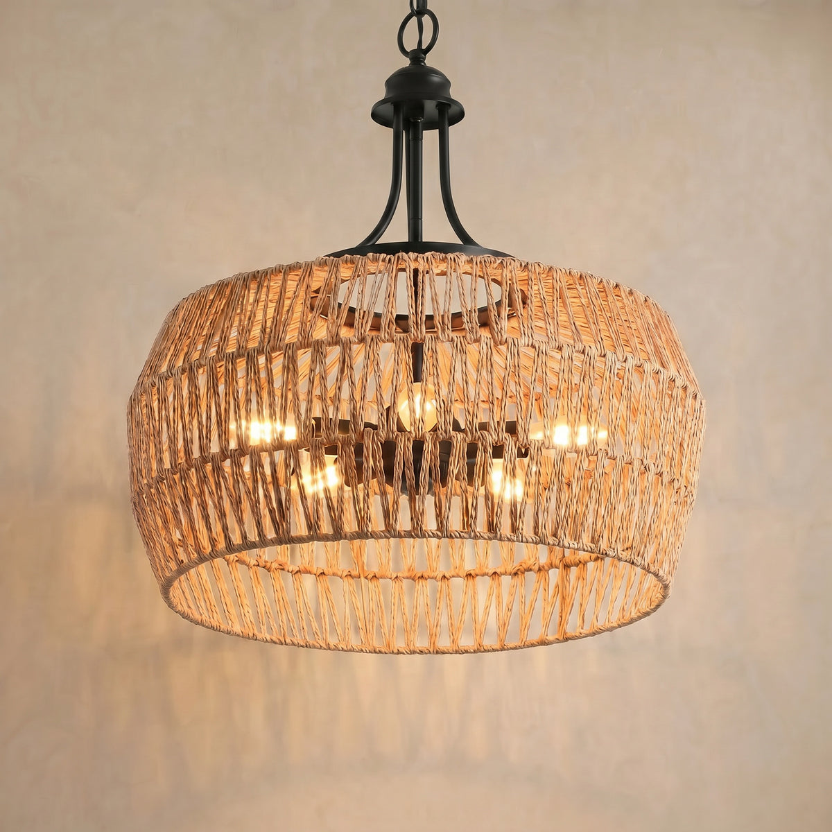 Sfeerco Boho Hemp Rope Pendant Light Hand-Woven Jute Shade Adjustable Chain Natural Ceiling Light Kitchen Island Dining Room Entryway
