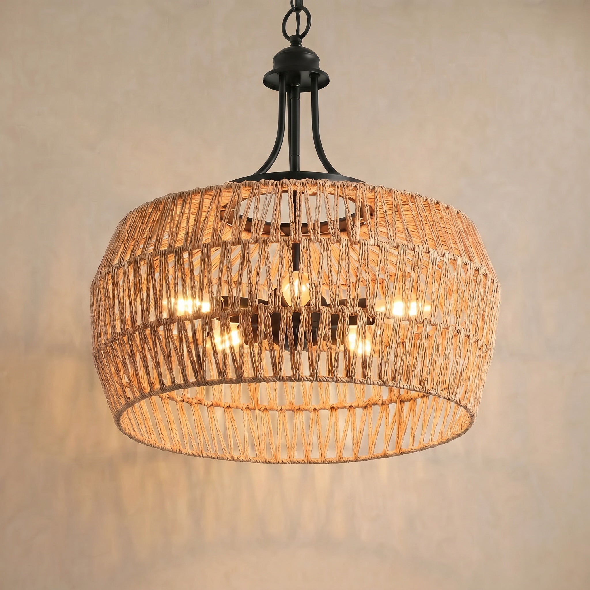 Sfeerco Boho Hemp Rope Pendant Light Hand-Woven Jute Shade Adjustable Chain Natural Ceiling Light Kitchen Island Dining Room Entryway