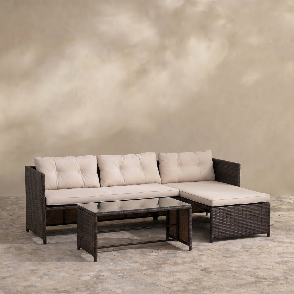 Sfeerco Outdoor Rattan Patio Sofa Set 3-Piece L-Shaped Sectional with Chaise Lounge Loveseat & Tempered Glass Table Beige – Laguna